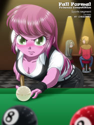 1boy 2girls angry big_macintosh billiards blush breasts cheerilee cleavage colored_skin green_eyes highres marble_pie multiple_girls my_little_pony my_little_pony:_equestria_girls my_little_pony:_friendship_is_magic personification pink_hair pink_skin tagme uotapo