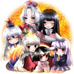 6+girls animal_ears bad_id bad_pixiv_id barefoot black_hair blue_eyes blue_hair bow rabbit_ears chibi everyone female_focus fire fujiwara_no_mokou hair_bow hair_ribbon hat houraisan_kaguya inaba_tewi kamishirasawa_keine kozue long_hair multiple_girls necktie purple_hair red_eyes reisen_udongein_inaba ribbon short_hair silver_hair touhou yagokoro_eirin yukibina