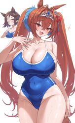 2girls alternate_breast_size animal_ears blue_one-piece_swimsuit breasts brown_hair cleavage commentary daiwa_scarlet_(umamusume) hair_intakes hand_on_own_chest highres horse_ears horse_girl horse_tail kuavera long_hair multiple_girls one-piece_swimsuit red_eyes shiny_skin simple_background standing swimsuit tail tiara twintails umamusume very_long_hair vodka_(umamusume) wet white_background