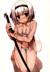 1girl absurdres barefoot black_hairband blue_background blue_eyes blue_panties blush breasts collared_shirt full_body green_eyes hairband highres holding holding_weapon kneeling konpaku_youmu konpaku_youmu_(ghost) long_sleeves looking_at_viewer navel open_clothes open_shirt panties scan shadow sheath sheathed shirt shnva short_hair small_breasts solo third-party_source touhou unbuttoned unbuttoned_shirt underwear weapon white_hair white_shirt