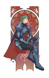 Rule 34 | 1boy, absurdres, alm (fire emblem), armor, armored boots, blue armor, boots, cape, card, fire emblem, fire emblem echoes: shadows of valentia, fishsideup, from side, green eyes, green hair, highres, lion, nintendo, prince, short hair, sitting, solo, sword, tarot, tarot card, tiara, weapon