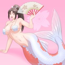 1girl ;d bikini breasts brown_eyes brown_hair cleavage collarbone fatal_fury female_focus hand_fan highres holding holding_fan kiria021 large_breasts long_hair looking_at_viewer matching_hair/eyes mermaid monster_girl monsterification navel one_eye_closed open_mouth pink_background ponytail scales shell shell_bikini shiranui_mai smile solo stomach swimsuit teeth tongue underboob upper_teeth_only variant_set very_long_hair wink