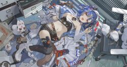 Rule 34 | 1girl, ammunition box, bare shoulders, belt, belt buckle, black belt, black shirt, black shorts, black thighhighs, blue hair, blue nails, boots, breasts, buckle, chair, character request, commentary, computer keyboard, controller, crop top, detached collar, ericx gasi, fishnet pantyhose, fishnets, game controller, gamepad, gohei, grey hair, gun, handgun, highres, holding, holding removed eyewear, holster, indoors, jacket, looking at viewer, lying, multicolored hair, multiple belts, navel, office chair, on back, on floor, oonusa, open clothes, open jacket, open mouth, original, pantyhose, red eyes, shirt, short hair, short shorts, shorts, single leg pantyhose, single thighhigh, small breasts, stomach, streaked hair, swivel chair, thigh holster, thighhighs, tinted eyewear, unworn eyewear, weapon, white boots, white jacket