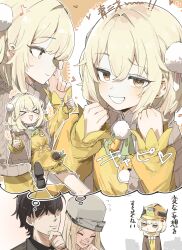 &gt;_&lt; +++ 1boy 2girls :d absurdres bandaid bandaid_on_face bandaid_on_nose black_shoes blonde_hair brown_hat brown_shawl centi_(nikke) closed_eyes commander_(nikke) double_thumbs_up drawstring dress flower goddess_of_victory:_nikke grin hair_ornament hands_up hard_hat hat helmet highres imagining liter_(cute_sunflower)_(nikke) liter_(nikke) long_sleeves looking_at_viewer maton_3110 multiple_girls multiple_views musical_note open_mouth pom_pom_(clothes) pom_pom_hair_ornament raised_eyebrow shawl shoes sidelocks smile sunflower thumbs_up translation_request xd yellow_dress yellow_helmet