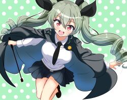 Rule 34 | 1girl, adapted costume, anchovy (girls und panzer), anzio school uniform, bare legs, belt, belt buckle, black belt, black cape, black footwear, black ribbon, blue skirt, breasts, buckle, cape, collared shirt, drill hair, girls und panzer, green hair, hair ribbon, highres, kumaisao, long hair, long sleeves, looking at viewer, pantyhose, red eyes, ribbon, school uniform, shirt, skirt, smile, twin drills, twintails, unworn pantyhose, white shirt