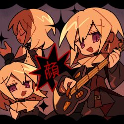 1girl bang_dream! bang_dream!_it&#039;s_mygo!!!!! blonde_hair bob_cut collar colored_lineart dark deformed double-parted_bangs dress earrings electric_guitar floating_earrings frilled_collar frills gradient_background guitar holding holding_plectrum instrument jewelry jitome letterboxed long_sleeves looking_at_viewer misumi_uika multiple_views music no_nose playing_instrument plectrum purple_eyes slit_pupils sparkle two-tone_background white_collar yuko6351