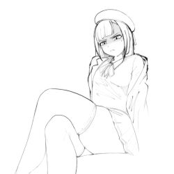 1girl akanekokawa banmin_chan beret blunt_bangs collared_shirt crossed_legs disgust frown greyscale hat highres jacket long_hair mole mole_under_eye monochrome off_shoulder open_clothes open_jacket original parted_lips shirt sitting skindentation solo sweater thighhighs thighs