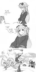 &gt;_&lt; &lt;o&gt;_&lt;o&gt; 10s 2boys 3girls adult_neptune animal_ears breasts cat_ears cat_girl comic d-pad d-pad_hair_ornament english_text from_behind greyscale hair_ornament hat heart highres hood hooded_track_jacket isaki_tanaka jacket kirin_(monster_hunter) long_hair looking_at_viewer medium_breasts monochrome monster_hunter_(series) moruu multiple_boys multiple_girls nepgyaa neptune_(neptunia) neptune_(series) parka pointing purple_eyes purple_hair rathalos_(armor) sexually_suggestive shin_jigen_game_neptune_vii smile sword tail text_focus track_jacket traditional_media weapon