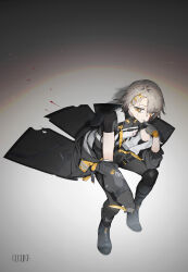 absurdres black_pants boots breasts coat girls&#039;_frontline girls&#039;_frontline_2:_exilium grey_hair highres knee_pads knife looking_to_the_side pants shirt short_hair single_knee_pad sitting small_breasts t-shirt tr07 vector_(girls&#039;_frontline) vector_(girls&#039;_frontline_2) yellow_eyes