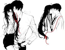 1boy 1girl ahoge alternate_costume alternate_hair_length alternate_hairstyle alternate_universe bare_shoulders black_hair black_necktie black_pants black_skirt blush breasts chinese_commentary closed_eyes collared_shirt contemporary couple deeplake_(shen_hu_zhou) dress_shirt finger_to_mouth fingering fingering_through_clothes full-face_blush genderswap genderswap_(mtf) greyscale hair_down hair_ribbon hand_in_another&#039;s_clothes hand_under_clothes hand_up heart heart_ahoge heavy_breathing hetero highres id_card imminent_kiss index_finger_raised kiss lan_wangji lanyard long_hair long_sleeves looking_at_another low-tied_long_hair miniskirt modao_zushi monochrome mouth_hold multiple_views necktie off_shoulder office_lady one_eye_closed pants parted_lips pencil_skirt pussy_juice red_ribbon ribbon ribbon_in_mouth saliva saliva_trail second-party_source shirt shirt_partially_removed shirt_tucked_in short_hair simple_background skirt spot_color sweat through_clothes underwear very_long_hair wei_wuxian white_background
