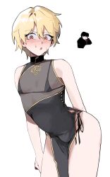 absurdres androgynous bikini bishounen black_dress black_hair blonde_hair blood blush chinese_clothes crossdressing doku dress eyeliner high_school_boy highres hong_iltak lee_hyunwoo makeup male_with_breasts micro_bikini nosebleed panties pelvic_curtain red_eyeliner red_eyes sanpaku see-through_clothes see-through_dress side-tie_panties simple_background sweatdrop swimsuit trap underwear white_background