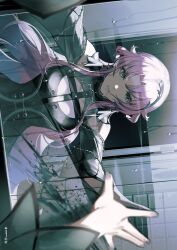 1girl bema_(sinsekai) bokyo character_name commentary_request condensation copyright_name earrings flower_earrings grey_eyes hair_ornament hand_on_mirror highres indoors jewelry kamitsubaki_studio long_hair looking_at_mirror looking_at_viewer mirror official_art parted_bangs parted_lips pink_hair second-party_source sideways sinsekai_studio solo upper_body virtual_youtuber water_drop window_fog