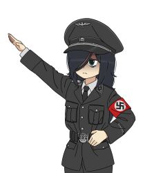 1girl armband bags_under_eyes belt black_belt black_cat03 black_hair black_jacket black_necktie black_pants collar_tabs green_eyes hat highres jacket kuroki_tomoko military_dress_uniform military_jacket military_uniform nazi necktie pants peaked_cap red_armband salute simple_background solo ss_insignia ss_uniform straight-arm_salute swastika totenkopf waffen-ss watashi_ga_motenai_no_wa_dou_kangaetemo_omaera_ga_warui! white_background