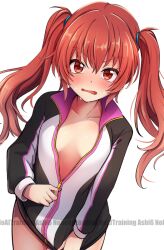 Rule 34 | 1girl, agatsuma sora, artist name, ashiroku (miracle hinacle), blush, cinderella series, collarbone, cowboy shot, hachigatsu no cinderella nine, jacket, jacket tug, long hair, long sleeves, looking at viewer, naked jacket, open mouth, partially unzipped, red eyes, red hair, solo, standing, sweat, track jacket, twintails, watermark, white background