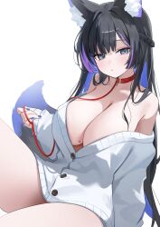 1girl absurdres animal_ear_fluff animal_ears bare_shoulders black_hair blue_eyes blue_hair blue_nails braid breasts buttons cleavage collar colored_inner_hair diamond-shaped_pupils diamond_(shape) dress fox_ears fox_tail highres large_breasts leash leg_up long_hair long_sleeves looking_at_viewer mole mole_on_breast multicolored_hair nail_polish nannung off_shoulder original parted_lips purple_hair red_collar simple_background sitting solo streaked_hair sweater sweater_dress symbol-shaped_pupils tail thighs tsukinaka_chie two-tone_hair white_background white_sweater