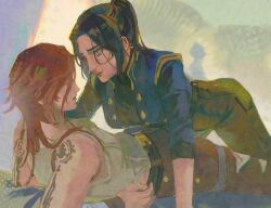 Rule 34 | 2girls, adversarial noise, arcane: league of legends, arcane caitlyn, arcane vi, arm tattoo, belt, black pants, blue eyes, blue hair, blue jacket, brown pants, caitlyn (league of legends), closed mouth, highres, jacket, league of legends, long hair, looking at another, mmmeeaou, multiple girls, pants, ponytail, red hair, tank top, tattoo, vi (league of legends), white tank top, yuri