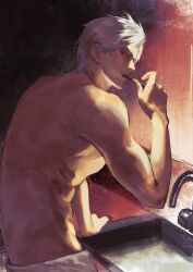 1boy back bathroom cowboy_shot highres holding holding_toothbrush looking_at_viewer love_and_deepspace macchishiro male_focus muscular muscular_male naked_towel nose parted_bangs red_eyes short_hair solo sylus_(love_and_deepspace) toothbrush towel white_hair