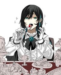 1girl ado_(utaite) black_bow black_bowtie black_hair blue_eyes blue_hair bow bowtie cake center_frills chando_(ado) colored_inner_hair commentary_request eating food fork frills gloves groin gunjyou_(gunjyou_00) highres holding holding_fork holding_spoon long_hair long_sleeves mole mole_under_eye multicolored_hair open_mouth shirt sitting solo sparkle spoon teeth white_gloves white_shirt