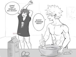 abs bakugou_katsuki bite_mark boku_no_hero_academia bones_(company) cooking egg freckles highres husband_and_husband joely_deku legs messy_hair midoriya_izuku milk_carton no_pants no_shirt pectorals scar shirt shounen_jump smile spiked_hair stretching yaoi