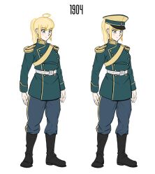 1girl ahoge baldric belt black_boots blonde_hair blue_eyes blue_pants blush boots buttons collar double-breasted epaulettes fluffkaiser full_body gold_buttons gold_collar gold_trim green_jacket hair_between_eyes hat highres insignia jacket knee_boots long_sleeves looking_at_viewer military military_dress_uniform military_jacket military_uniform original pants pants_tucked_in peaked_cap ponytail reference_sheet russia russian_empire smile standing striped_clothes striped_pants vertical-striped_clothes vertical-striped_pants white_belt
