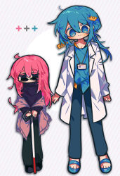 2girls absurdres ahoge antlers arms_at_sides black-framed_eyewear black_footwear black_pants blue_eyes blue_footwear blue_hair blue_pants blue_shirt blush brown_jacket closed_mouth coat collarbone colored_eyelashes deformed dot_mouth flat_chest full_body glasses happy_tree_friends head_tilt height_difference highres horns jacket lapels legs_apart long_hair long_sleeves looking_at_viewer low_ponytail lumpy_(happy_tree_friends) mole mole_under_eye moose_antlers multiple_girls notched_lapels omoyu_(nakyu715) open_clothes open_coat open_jacket pants personification pink_hair ponytail purple_sweater shirt smile standing sweater the_mole_(happy_tree_friends) toeless_footwear turtleneck turtleneck_sweater white_coat