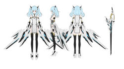 Rule 34 | 1girl, absurdres, arms at sides, black gloves, blue hair, breasts, elbow gloves, flat color, from behind, from side, full body, gloves, highres, looking at viewer, low wings, mechanical wings, medium hair, multiple views, mytea (soso), original, red eyes, reference sheet, science fiction, sideboob, small breasts, solo, standing, sword, tabard, thighhighs, two side up, vambraces, weapon, white background, wings