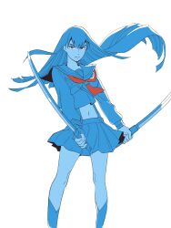 Rule 34 | 1girl, 55bata6rou, blue theme, blunt ends, closed mouth, dual wielding, feet out of frame, floating hair, frown, highres, holding, holding sword, holding weapon, katana, kill la kill, kiryuuin satsuki, long hair, long sleeves, looking at viewer, miniskirt, navel, neckerchief, pleated skirt, red neckerchief, sailor collar, school uniform, senketsu, serafuku, shirt, simple background, skirt, solo, spot color, standing, sword, thick eyebrows, weapon, white background