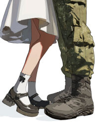 1boy 1girl black_boots black_bow black_bowtie black_shoes boots bow bowtie buckle camouflage camouflage_pants dress heart heart-shaped_buckle high_heels highres kok_kok_kio original pants shoe_belt shoelaces shoes simple_background socks white_background white_dress white_socks