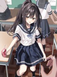 Rule 34 | 2boys, 3girls, bendy straw, black hair, black pants, black sailor collar, black skirt, black socks, blue bow, bow, brown eyes, chair, commentary request, desk, drinking straw, hair intakes, highres, holding, indoors, kneehighs, long hair, looking at viewer, multiple boys, multiple girls, on chair, open mouth, original, osana naruka, pants, pentagon (railgun ky1206), pleated skirt, ponytail, sailor collar, school chair, school desk, school uniform, serafuku, shirt, shoes, short sleeves, sitting, skirt, socks, solo focus, spill, v-shaped eyebrows, very long hair, white shirt, white shoes, wooden floor