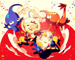 2boys ^_^ backpack bag black_eyes blonde_hair blue_bag blue_gloves blue_pikmin blue_skin brown_hair buttons closed_eyes closed_mouth colored_skin commentary_request creature determined floating flower from_above frown full_body furrowed_brow gloves helmet highres holding holding_creature louie_(pikmin) male_focus multiple_boys nintendo no_mouth olimar one_eye_closed open_mouth pale_skin petals pikmin_(creature) pikmin_(series) pointy_ears pointy_nose radio_antenna red_background red_gloves red_pikmin red_skin shirushiki short_hair smile smoke space_helmet spacesuit throwing triangle two-tone_background very_short_hair whistle white_background white_flower yellow_eyes yellow_pikmin yellow_skin