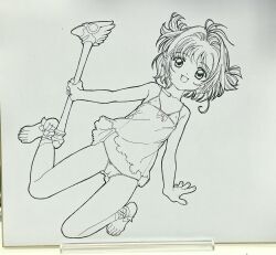 1girl barefoot bikini camisole cardcaptor_sakura flat_chest full_body highres holding holding_wand kabashima_yousuke kinomoto_sakura lineart looking_at_viewer monochrome open_mouth photo_(medium) shikishi short_hair smile solo swimsuit traditional_media unfinished wand