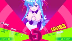 Rule 34 | 1girl, bare shoulders, black bow, black sleeves, black thighhighs, blue hair, blunt bangs, blush, bow, braid, breasts, bright pupils, cleavage, closed mouth, commentary, detached collar, detached sleeves, embarrassed, frills, green background, hair bow, hair ribbon, hand on own chest, highres, korean text, large breasts, long sleeves, looking at viewer, lysosomy, maid, maid headdress, marija (maid) (muse dash), marija (muse dash), muse dash, nude, pleated skirt, purple background, purple eyes, red ribbon, ribbon, sidelocks, skindentation, skirt, solo, sweatdrop, thighhighs, white pupils