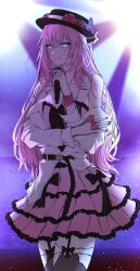 1girl absurdres bare_shoulders black_bow black_hat blue_eyes bow cowboy_shot dress elysia_(honkai_impact) fedora garter_straps hat highres holding honkai_(series) honkai_impact_3rd layered_dress long_hair long_sleeves looking_at_viewer off_shoulder parted_lips pink_dress pink_hair pointy_ears sieka_(piiroinardesco) smile solo spaghetti_strap standing thighhighs very_long_hair