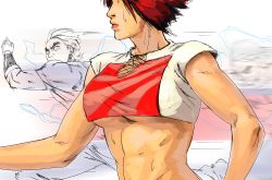 1girl breasts crop_top dead_or_alive dead_or_alive_5 diepod female_focus head_out_of_frame midriff mila_(doa) no_bra red_hair running short_hair solo solo_focus sweat underboob