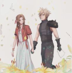 1boy 1girl aerith_gainsborough armor armored_gloves bandaged_arm bandages bangle belt black_pants blonde_hair blue_shirt bracelet braid braided_ponytail brown_hair bug butterfly choker cloud_strife couple cropped_jacket dress falling_petals feet_out_of_frame final_fantasy final_fantasy_vii final_fantasy_vii_rebirth final_fantasy_vii_remake flower furrowed_brow green_eyes grey_eyes hair_between_eyes hair_ribbon hetero highres holding holding_hands holding_paper insect interlocked_fingers jacket jewelry light_blush lily_(flower) long_dress long_hair looking_at_another multiple_belts pants paper parted_bangs pauldrons petals pink_dress pink_ribbon red_jacket ribbon shirt short_hair short_sleeves shoulder_armor sidelocks single_bare_shoulder single_braid single_pauldron sleeveless sleeveless_turtleneck spiked_hair suspenders turtleneck walking yellow_flower yellow_petals yuu_crazy_doll_sae