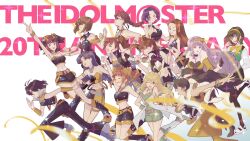 6+girls ahoge akizuki_ritsuko amami_haruka animal animal_on_shoulder anniversary arm_up beyond_the_nobles_(idolmaster) beyond_the_vibes_(idolmaster) black_hair black_pants blonde_hair blue_hair breasts brown_hair closed_mouth cool_&amp;_sexy_(idolmaster) futami_ami futami_mami ganaha_hibiki green_eyes grey_hair hagiwara_yukiho hairband hamster hamuzou highres holding holding_microphone hoshii_miki idolmaster idolmaster_(classic) idolmaster_1 idolmaster_sp kikuchi_makoto king_of_pearl_360_(idolmaster) kisaragi_chihaya long_hair microphone midriff minase_iori miura_azusa multiple_girls navel night_and_day_amcg_(idolmaster) one_eye_closed oni_moya open_mouth otonashi_kotori pants ponytail running shijou_takane short_hair sleeveless sparkle standing takatsuki_yayoi twintails yellow_hairband yellow_pants