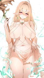1girl absurdres azur_lane blonde_hair blush breasts closed_mouth commentary_request gouden_leeuw_(azur_lane) highres holding holding_staff large_breasts looking_at_viewer mole mole_under_eye navel purple_eyes sea_nami simple_background smile solo staff standing thighs white_background