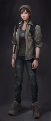 Rule 34 | absurdres, black eyes, black hair, black tank top, braid, denim, dog tags, dokkaebi (rainbow six siege), full body, highres, jacket, jeans, multicolored hair, non-web source, open clothes, open jacket, pants, rainbow six siege, realistic, shoes, streaked hair, tank top, tb choi12, torn clothes, torn jeans, torn pants, twin braids, two-tone hair, watch, wristwatch