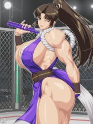 1girl areola_slip bare_shoulders breasts brown_hair cage chain-link_fence fence folding_fan hair_intakes hand_fan high_ponytail huge_breasts japanese_clothes long_hair muscular muscular_female ninja obliques pelvic_curtain ponytail ren_(tainca2000) revealing_clothes sash shiranui_mai smile solo the_king_of_fighters