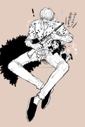 Rule 34 | 1boy, 1girl, 4444 (tetsuya), aged down, baby 5, bad id, bad twitter id, brown background, cigarette, donquixote rocinante, dress, greyscale with colored background, gun, hair over eyes, heart, heart print, holding, holding gun, holding plate, holding weapon, long sleeves, medium hair, one piece, plate, short hair, sitting, smoke, weapon