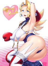 1girl absurdres armpits ass blonde_hair blue_eyes boxing_gloves breasts capcom character_name drill_hair english_text female_focus heart highres justice_gakuen large_breasts long_hair looking_at_viewer open_mouth smile solo st.germain-sal teeth tiffany_lords tongue underboob