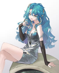 1girl absurdres bare_shoulders black_arm_warmers blue_hair breasts crossed_legs dress feet_out_of_frame from_side full_body green_eyes hand_up highres hissabeth kuroja long_hair medium_breasts red_pupils reverse:1999 short_dress silver_dress sitting sleeveless sleeveless_dress slit_pupils snake snake_on_head solo spaghetti_strap very_long_hair white_background