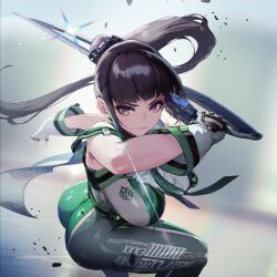 1girl ass black_hair blunt_bangs blurry blurry_background bodysuit breasts crossover eve_(stellar_blade) fingerless_gloves foreshortening gloves goddess_of_victory:_nikke highres impossible_clothes large_breasts long_hair looking_at_viewer official_art pink_lips ponytail sidelocks skin_tight stellar_blade sword third-party_source weapon yellow_eyes
