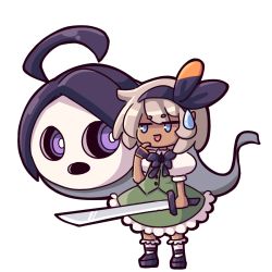 1girl ahoge allister_(pokemon) bea_(pokemon) black_hairband black_ribbon cosplay crossover daigada dark-skinned_female dark_skin green_skirt gym_leader hairband hitodama holding holding_sword holding_weapon katana konpaku_youmu konpaku_youmu_(ghost) konpaku_youmu_(ghost)_(cosplay) konpaku_youmy_(cosplay) look-alike mask nintendo pokemon pokemon_swsh purple_eyes purple_hair ribbon silver_hair skirt skirt_set sweatdrop sword tan touhou transparent_background vest weapon