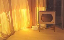 animal animal_focus artist_name cat closed_eyes curtains huhv. indoors lying no_humans original scenery shadow watermark white_cat