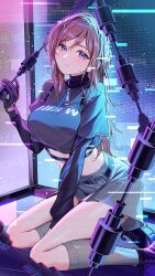 1girl :| arm_between_legs black_gloves black_shirt blue_eyes blush breasts brown_hair closed_mouth commentary cropped_shirt gakuen_idolmaster gloves grey_skirt grey_socks highres himesaki_rinami idolmaster indoors kainown kneeling large_breasts long_hair looking_at_viewer shirt skirt socks solo very_long_hair