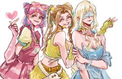 3girls ^_^ aqua_ribbon artist_name bare_shoulders belt belt_buckle black_lips blindfold blonde_hair blue_bow blue_dress blue_ribbon blue_sleeves bow bracelet braid braided_twintails breasts brown_belt brown_hair buckle choker cleavage closed_eyes closed_mouth cloud_print colored_blindfold cone_hair_bun cowboy_shot crop_top crossed_belts dated detached_sleeves double_bun dress earrings elbow_gloves eyelashes eyewear_on_head fingerless_gloves from_the_depth_(infinity_nikki) fur_skirt gloves gold_bracelet grin hair_bun hair_ornament hair_over_shoulder hair_ribbon hand_on_another&#039;s_shoulder happy heart high_belt highres holding_own_arm infinity_nikki jewelry lipstick long_hair looking_at_viewer makeup midriff miniskirt multicolored_hair multiple_belts multiple_girls nikki_(series) one_eye_closed open_mouth pinafore_dress pink-tinted_eyewear pink_belt pink_dress pink_eyes pink_gloves pink_hair pink_lips plaid_clothes plaid_gloves pleated_dress pom_pom_(clothes) pom_pom_hair_ornament ribbon ribbon-trimmed_belt ribbon_trim sanyi132 shirt short_sleeves simple_background skirt skirt_set skull sleeveless sleeveless_dress sleeveless_shirt smile snapping_fingers standing starry_path_(infinity_nikki) strapless strapless_dress streaked_hair sunglasses sweet_rhapsody_(infinity_nikki) t-shirt teeth tinted_eyewear tress_ribbon twin_braids two-tone_hair upper_teeth_only v white_background white_belt wrist_ribbon yellow-framed_eyewear yellow_choker yellow_gloves yellow_shirt yellow_skirt