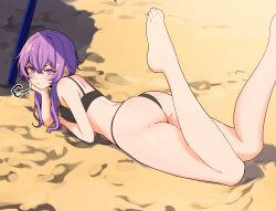 1girl aikurou ass barefoot bikini black_bikini character_request copyright_request feet feet_up foot_out_of_frame from_behind highres huge_ass knees_together_feet_apart legs looking_at_viewer medium_hair purple_eyes purple_hair sand solo swimsuit toes