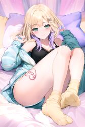 1girl absurdres ai-assisted aqua_jacket aqua_nails aqua_shorts bare_shoulders blonde_hair blush breasts cleavage closed_mouth earrings fingernails green_eyes hair_ornament hairclip highres jacket jewelry kurumi_noah kurumi_noah_(6th_costume) looking_at_viewer medium_breasts medium_hair multicolored_hair nail_polish open_clothes open_jacket purple_hair short_shorts shorts smile socks solo striped_clothes striped_jacket sugiki thighs virtual_youtuber vspo! yellow_socks