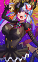 1girl absurdres arm_up black_dress blonde_hair blue_hair breasts cleavage dress grey_hair heart heart-shaped_pupils highres jack_the_ripper_(monster_strike) large_breasts monster_strike multicolored_hair open_mouth see-through_cleavage see-through_clothes smile solo symbol-shaped_pupils